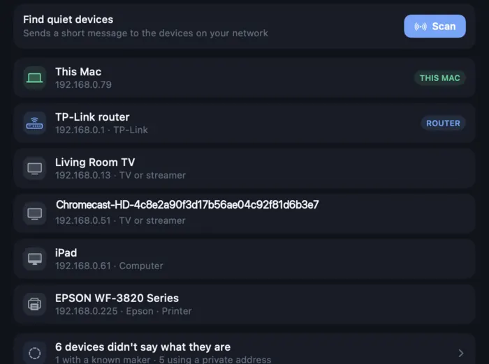 The Devices pane, listing what is on the network: this Mac, a TP-Link router, a living room TV, an iPad and an Epson printer, each with its address.