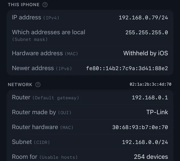 The Address tab: IP address, subnet mask, hardware address reading Withheld by iOS, IPv6 address, and the router's details below.