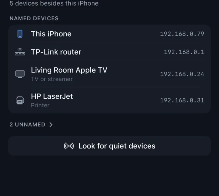 The Devices tab, listing what is on the network with each device's name and address.