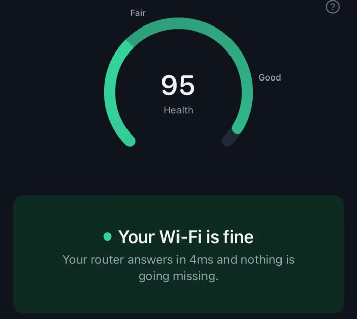 The Now tab: a health score of 95 on a green dial, above the verdict Your Wi-Fi is fine.